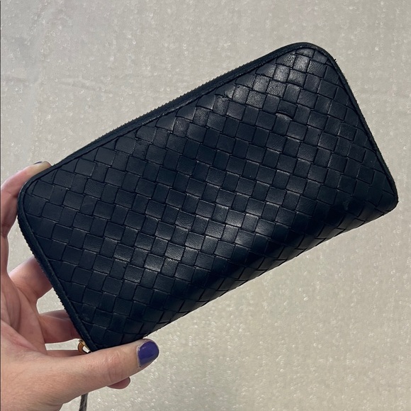 Bottega Veneta Intrecciato Leather Long Zip Around Wallet Black